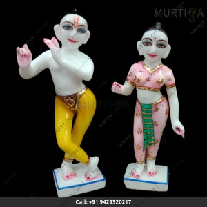 ISKCON Pure White Krishna Radha Marble Statue Pure Handmade Buy Online With Full Pink And Green Color - Murtiya