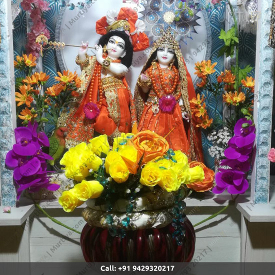ISKCON Radha Krishna Marble Statue Pure Handmade With Orange Jewellery Clothes  