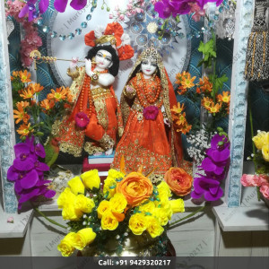 ISKCON Radha Krishna Marble Statue Pure Handmade With Orange Jewellery Clothes Buy Online - Murtiya