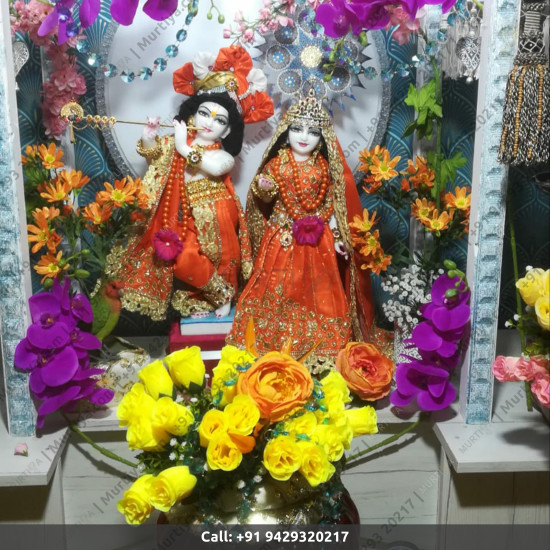 ISKCON Radha Krishna Marble Statue Pure Handmade With Orange Jewellery Clothes  