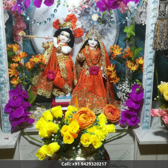 ISKCON Radha Krishna Marble Statue Pure Handmade With Orange Jewellery Clothes ISKCON Radha Krishna Marble Statue Pure Handmade With Orange Jewellery Clothes