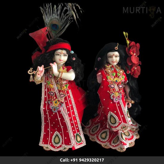 ISKCON Radha Krishna Marble Statue Pure Handmade With Beautiful Red Clothes  