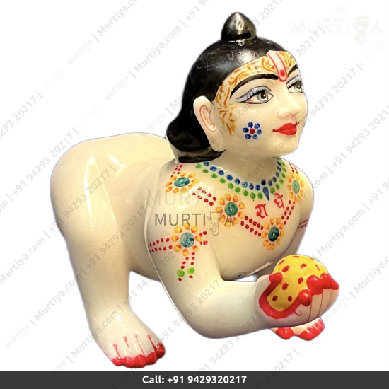 White Laddu Gopal Marble Murti with Yellow cloth jewellery for Home Office Temple