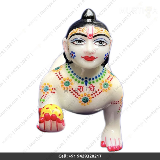 White Laddu Gopal Marble Murti with Sky Blue cloth jewellery for Home Office Temple