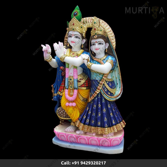 Natural Pure Marble Jugal Jodi Radha Krishna With Peacock and on lotus base