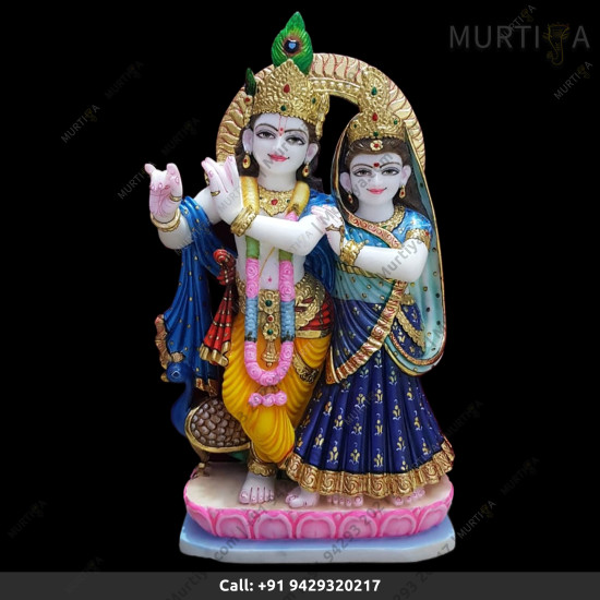 Natural Pure Marble Jugal Jodi Radha Krishna With Peacock and on lotus base