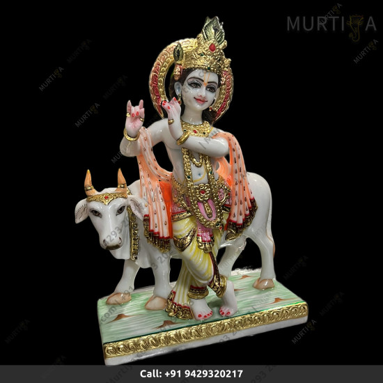 Fully Painted Krishna Ji with Cow Pure white marble