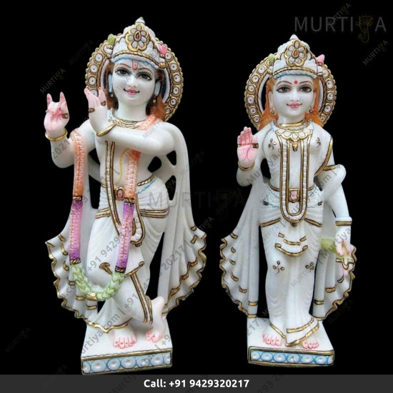 Painted Marble Krishna Ji with light orange purple and green color