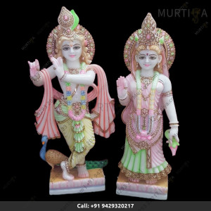 Painted Marble Radha Krishna ji with Peacock | Custom Marble Deity Maker Painted Marble Radha Krishna ji with Peacock | Custom Marble Deity Maker