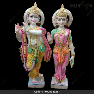 Painted Marble Radha Krishna ji with Peacock Dark Colored | Custom Marble Deity Maker Painted Marble Radha Krishna ji with Peacock Dark Colored | Custom Marble Deity Maker