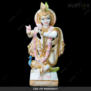 Buy Natural White Vietnam Marble Painted Krishna ji with Peacock in Light Pink and Light Golden - Murtiya.com