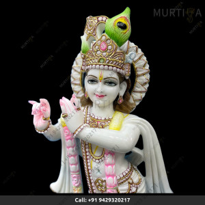 Buy Pure White Makrana Vietnam Marble Krishna Ji with Painted Clothes Online | Murtiya.com