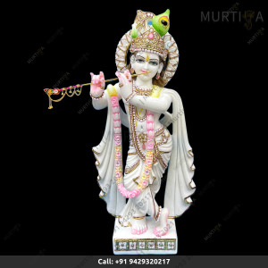 Buy Pure White Makrana Vietnam Marble Krishna Ji with Painted Clothes Online | Murtiya.com