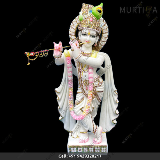 Pure White Makrana Vietnam Marble Krishna Ji with Painted Clothes Pure White Makrana Vietnam Marble Krishna Ji with Painted Clothes