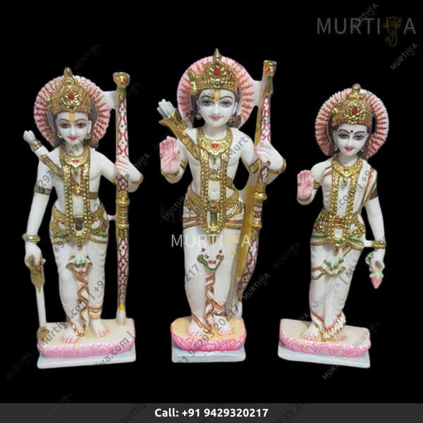 Marble Ram Ji Laxman Ji And Sita Mata On Lotus Base Marble Ram Ji Laxman Ji And Sita Mata On Lotus Base