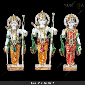 Buy online Pure Marble Ram Ji, Laxman Ji, and Sita Mata in Red and orange clothes for Home Temple | Murtiya.com