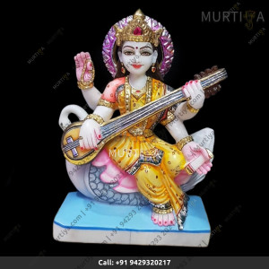 Order online for Marble Sarasawati maa on lotus pure white for Home and office temple | Murtiya.com