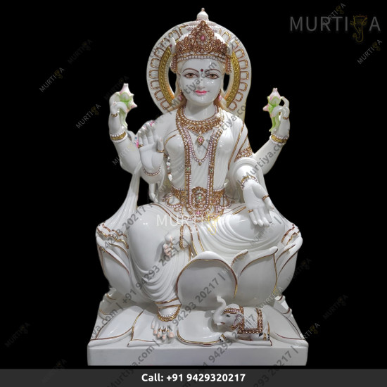 Marble Saraswati Maa Pure White And Golden Outline