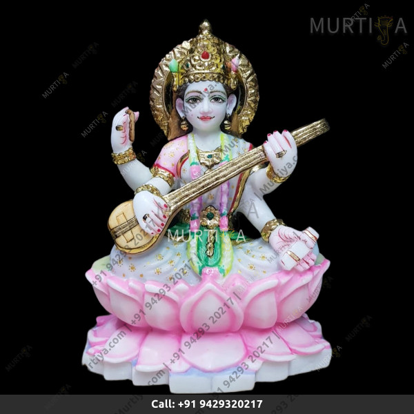 Marble Saraswati Maa White Saree On Lotus - 12 Inch Marble Saraswati Maa White Saree On Lotus - 12 Inch