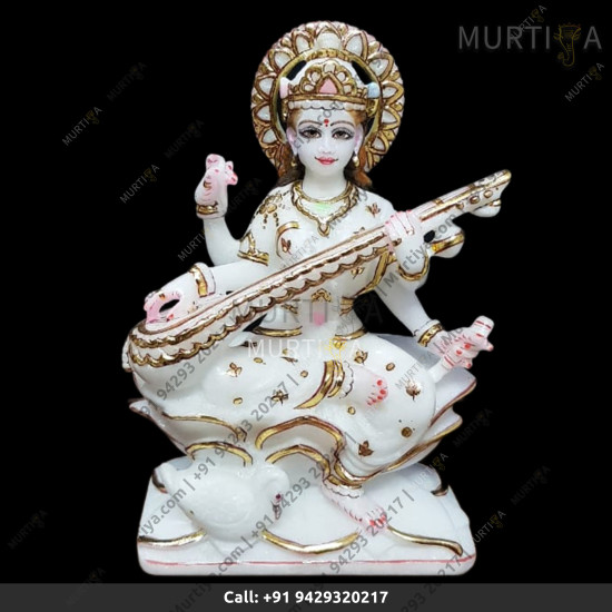 Marble Saraswati Maa With Golden Outline - 12 Inch