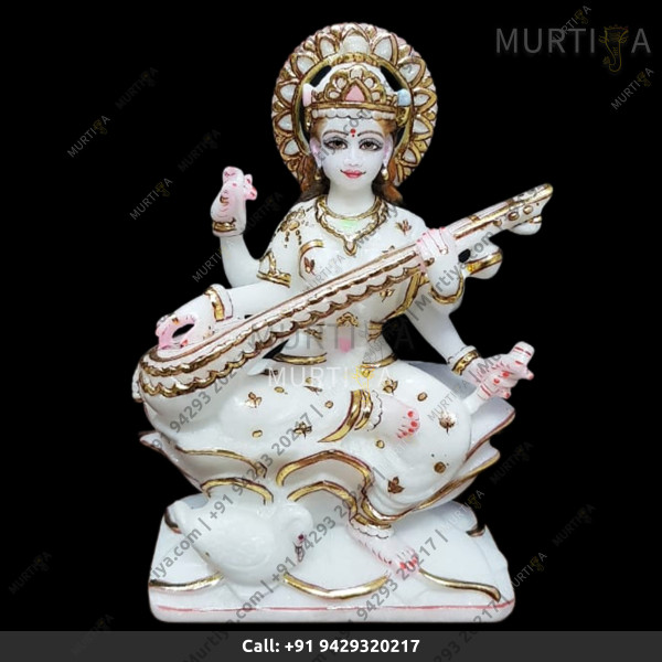 Marble Saraswati Maa With Golden Outline - 12 Inch Marble Saraswati Maa With Golden Outline - 12 Inch