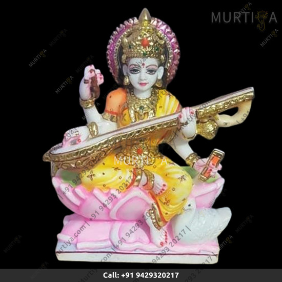Marble Saraswati Maa With Light Orange Saree On Lotus - 12 Inch