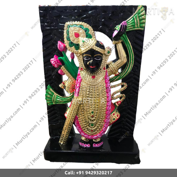 Marble Shreenath Ji Pure Black Golden Clothes Single Stone Marble Shreenath Ji Pure Black Golden Clothes Single Stone