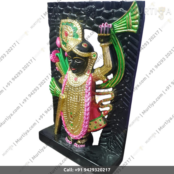 Marble Shreenath Ji Pure Black Golden Clothes Single Stone Marble Shreenath Ji Pure Black Golden Clothes Single Stone