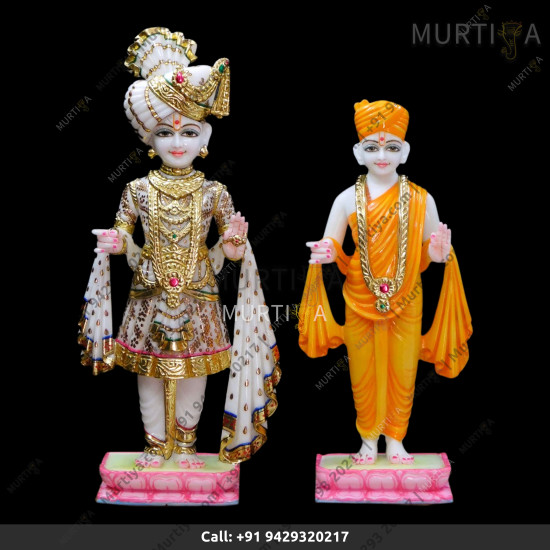 Akshar Purushottam and Gunitanand Swami on lotus base Pure Marble