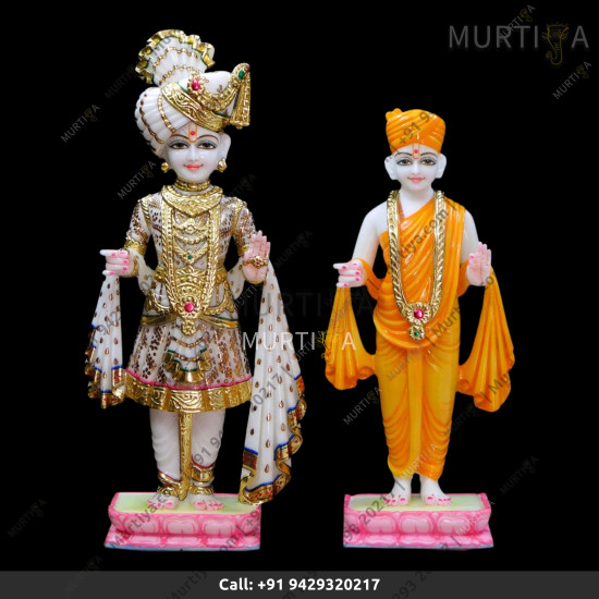 Akshar Purushottam and Gunitanand Swami on lotus base Pure Marble Akshar Purushottam and Gunitanand Swami on lotus base Pure Marble