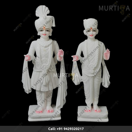 Pure Marble Akshar Purushottam and Gunitanand Swami pure white on lotus base
