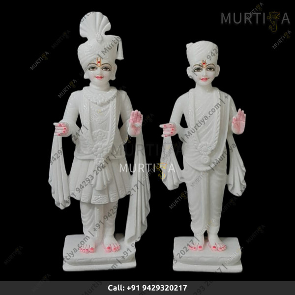 Pure Marble Akshar Purushottam and Gunitanand Swami pure white on lotus base Pure Marble Akshar Purushottam and Gunitanand Swami pure white on lotus base