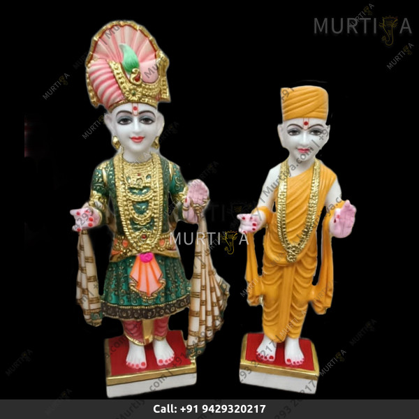 Pure Marble Akshar Purushottam and Gunitanand Swami with green dress Pure Marble Akshar Purushottam and Gunitanand Swami with green dress