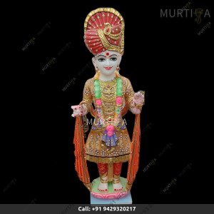 Makrana Pure Marble Akshar Purushottam with orange and cream color dress for Home Temple | Murtiya.com