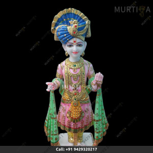 Makrana Pure Marble Akshar Purushottam with pink and pista color dress for home office temple | Murtiya.com