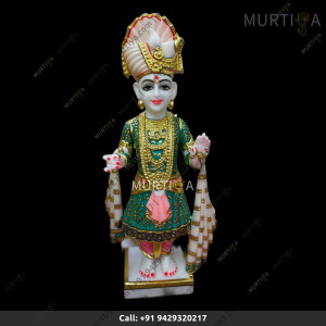 Makrana Pure Marble Akshar Purushottam with Green color dress for home temple order online | Murtiya.com