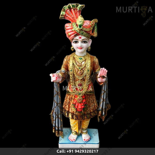Shree Swaminarayan Ji with dark orange color dress Makrana Pure Marble Shree Swaminarayan Ji with dark orange color dress Makrana Pure Marble