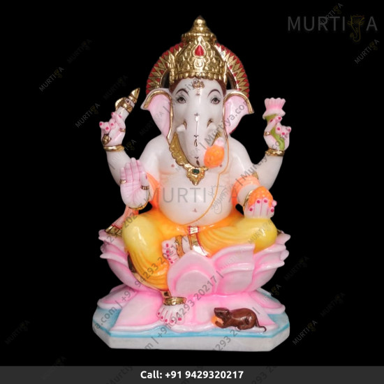 Marble Ganesh ji with Fully Colored Wiht Pink Lotus