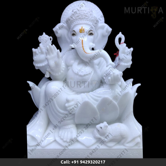Marble Ganesh Ji Pure White On Lotus