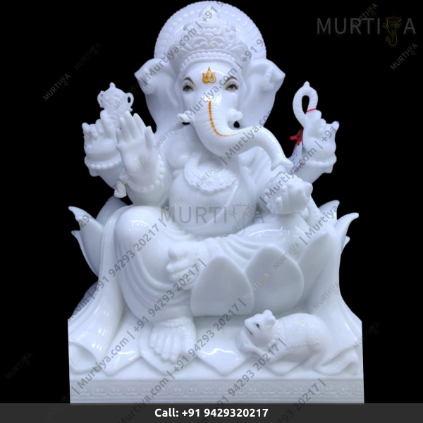Marble Ganesh Ji Pure White On Lotus Marble Ganesh Ji Pure White On Lotus