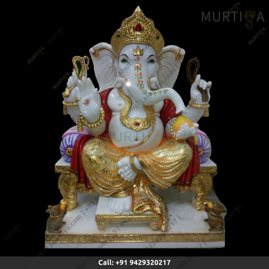 Marble Ganesha Ji With Golden Red And Purple