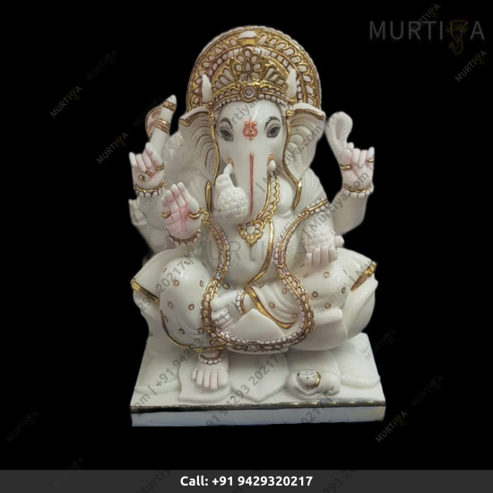 Marble Ganesha Ji With Golden Outline And Stone Work