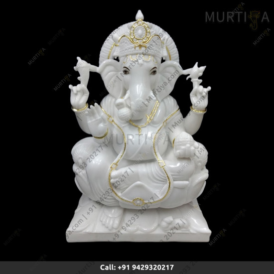 Marble Ganesh ji with Pure White Glossy With Golden Outline