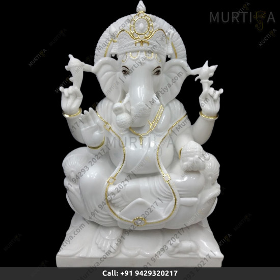 Marble Ganesh ji with Pure White With Golden Outline