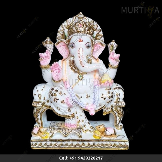 Marble Ganesh ji with White With Light Pink And Stone Work